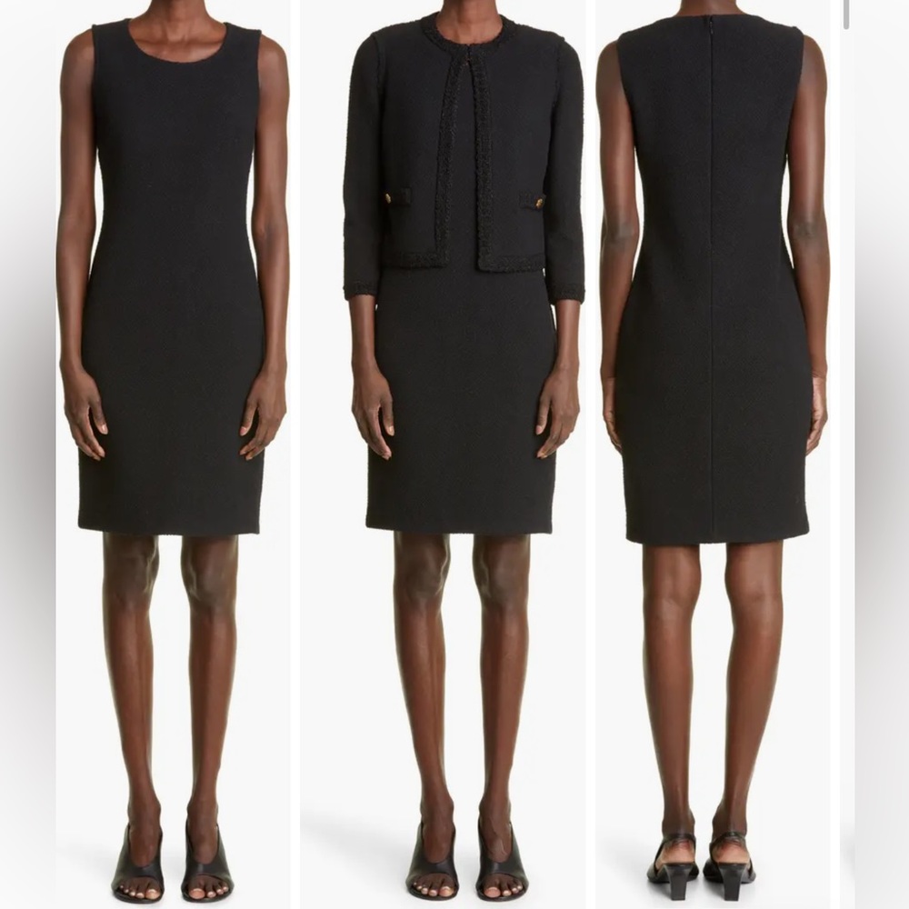 St. John Wool Milano Boucle Knit Crew Neck Knee Length Dress Black Caviar